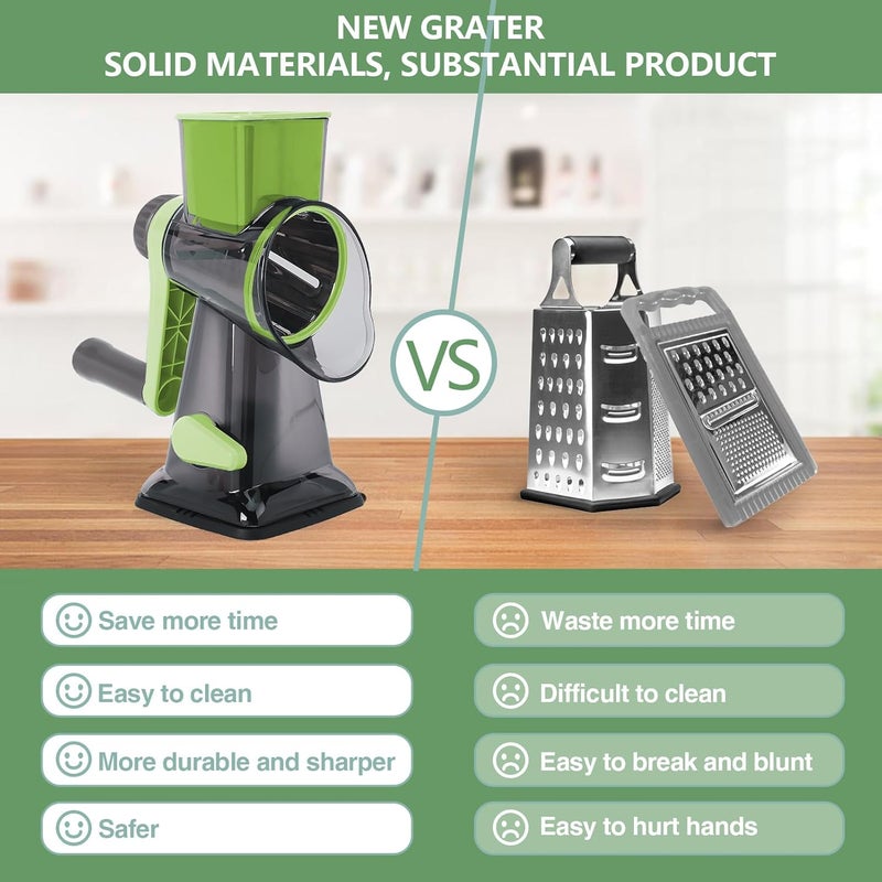 TiwisiTe Rotary Cheese Grater Multi-Purpose Stainless Steel Shredder- Cheese Grater With handle Effortless Grating of Vegetables, Nuts and Fruits,with Suction Base and Cleaning Brush (green) - Image 4